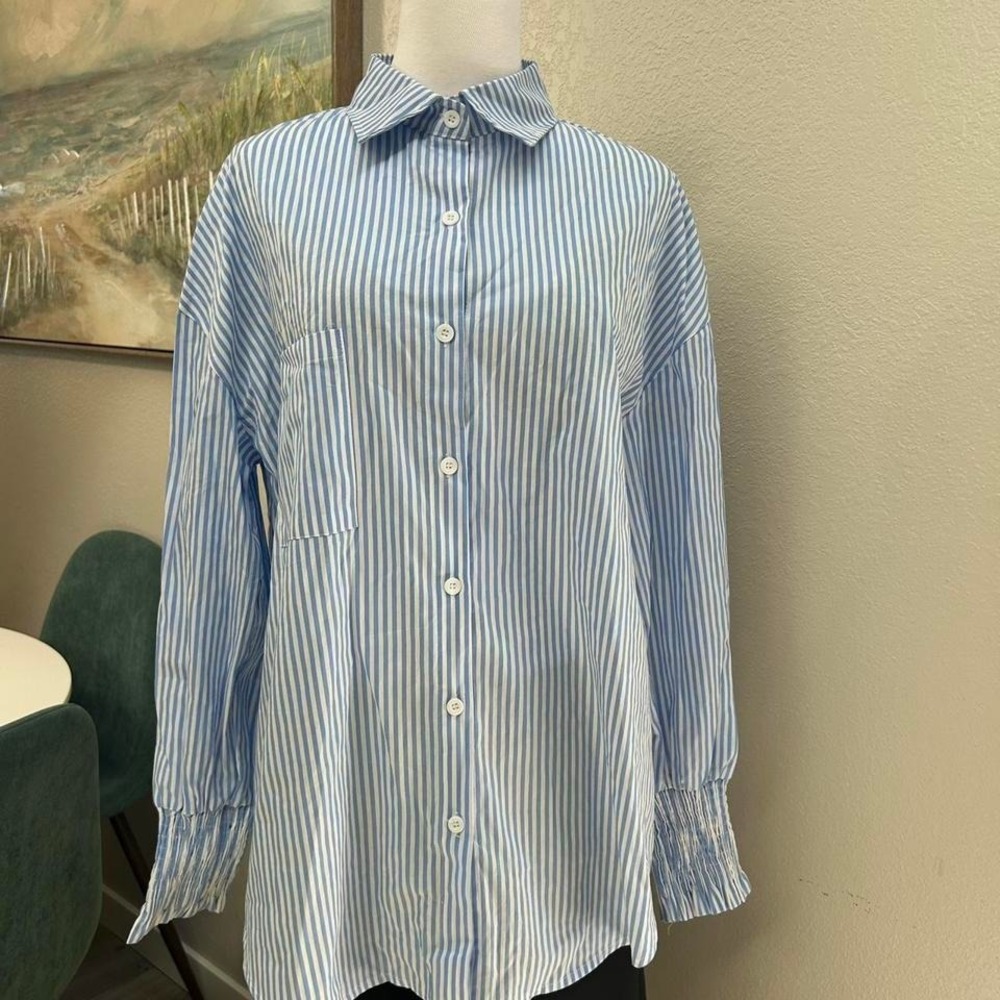 Blue White‎ Striped Oversized Button Down Shirt Preppy Casual Look - Size L